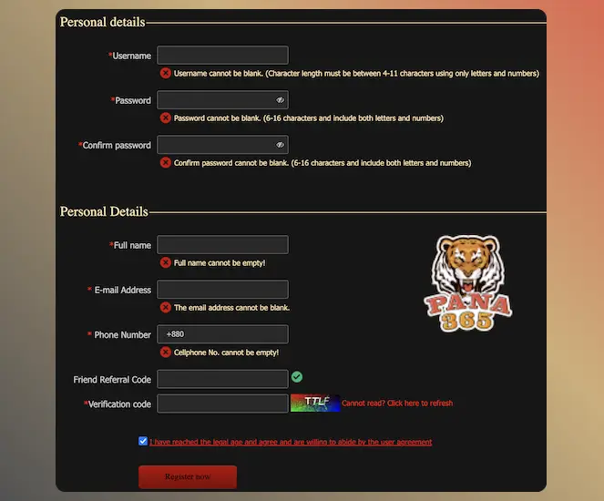 How to register at PANA365 casino
